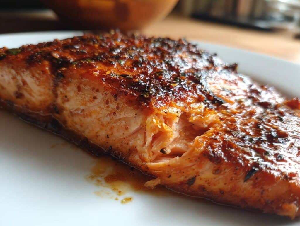 Close-up of a perfectly cooked Spicy Cajun Air Fryer Salmon fillet on a white plate, showing flaky texture and seasoned crust.