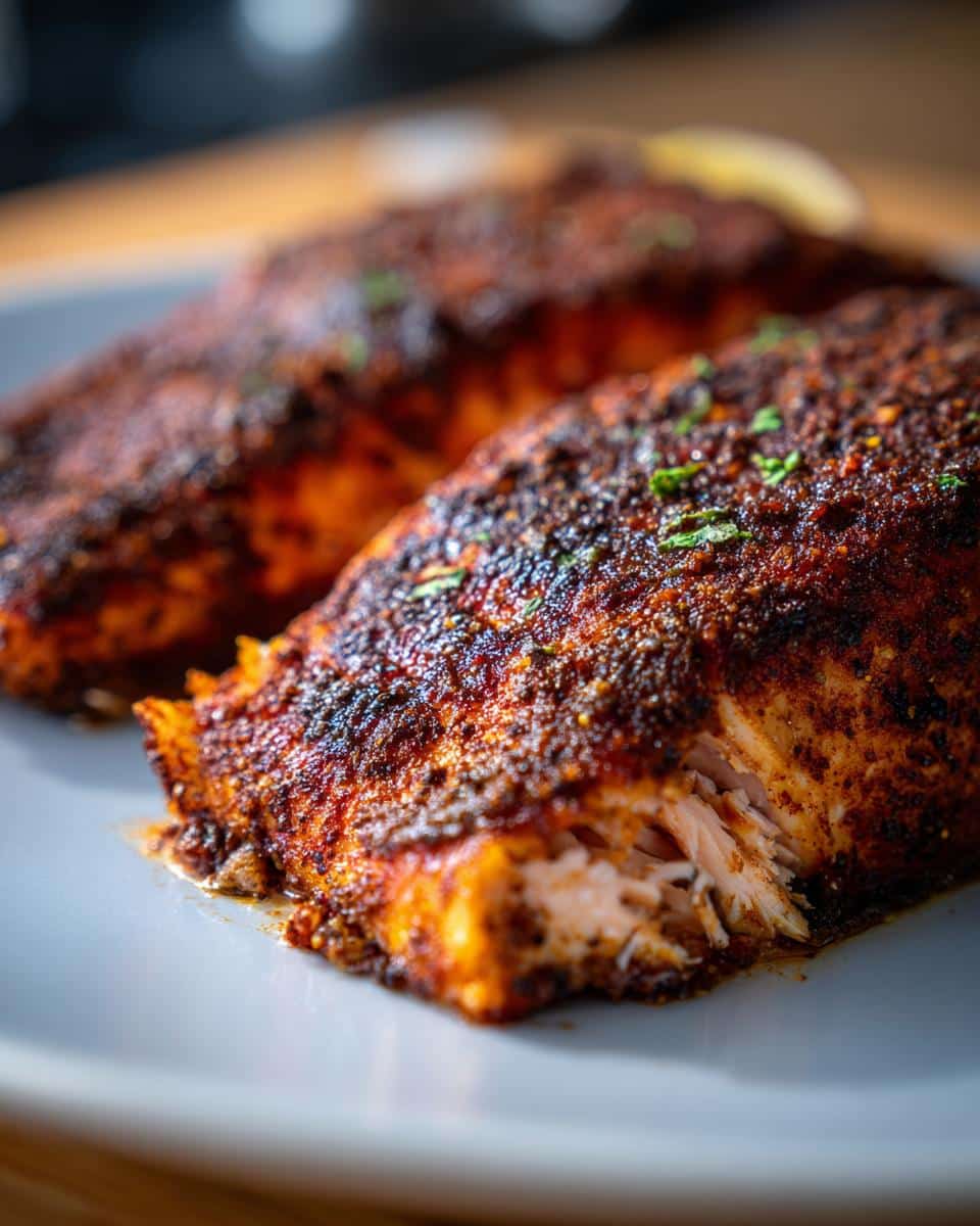 Close-up of two flaky Spicy Cajun Air Fryer Salmon fillets seasoned with a dark red spice blend and garnished with herbs.