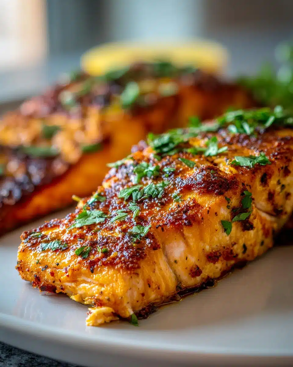 Close-up of two perfectly cooked Spicy Cajun Air Fryer Salmon fillets, seasoned and garnished with fresh parsley.
