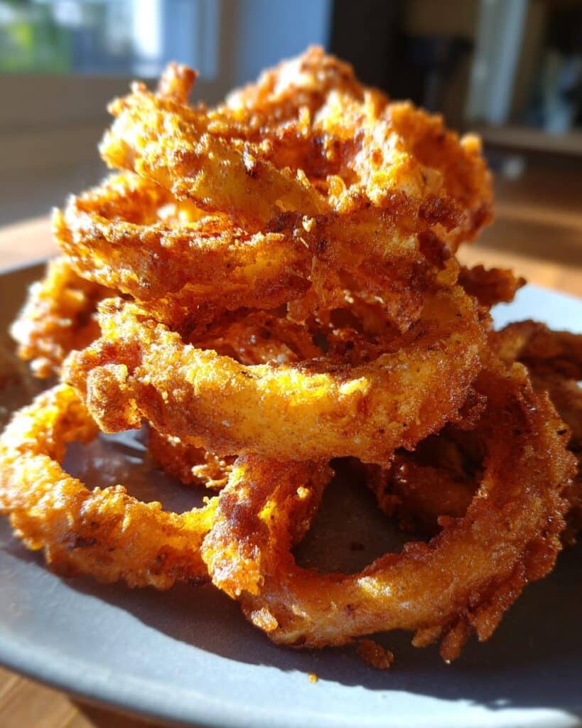 A close-up, sunlit stack of golden-brown, crispy Spicy Cajun Onion Rings on a dark plate.