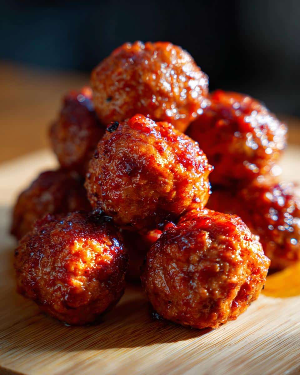 A close-up shot of a stack of glistening, glazed spicy meatballs on a wooden board.