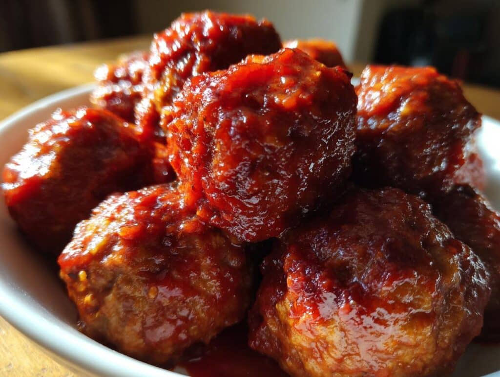Close-up of a bowl filled with glistening, saucy Spicy Meatballs.