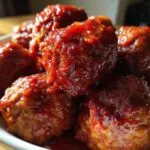 Close-up of a bowl filled with glistening, saucy Spicy Meatballs.