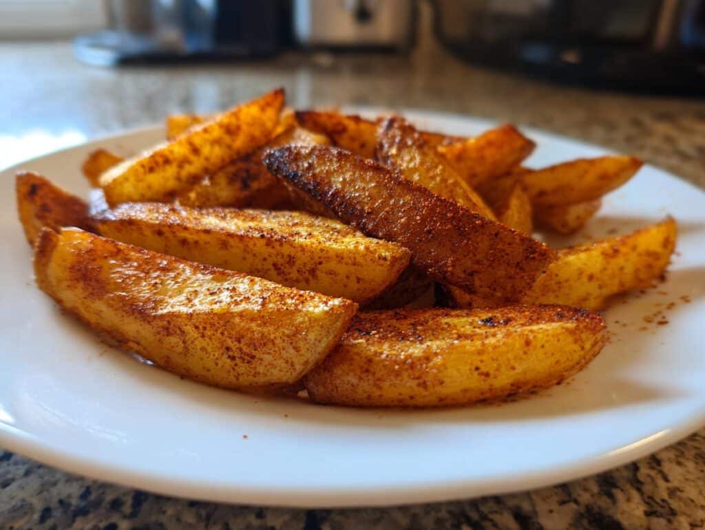 A close-up shot of a white plate filled with golden-brown spicy potato wedges, seasoned with a reddish-brown spice blend.