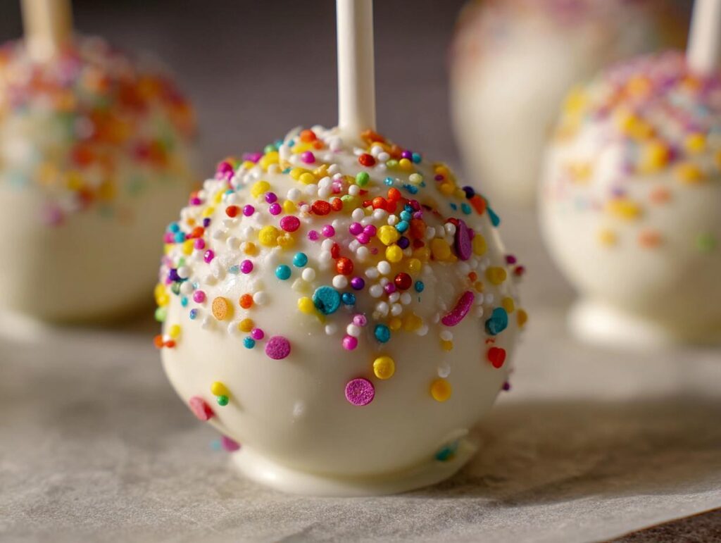 Close-up of a white chocolate-covered Starbucks cake pop recipe, decorated with colorful sprinkles.