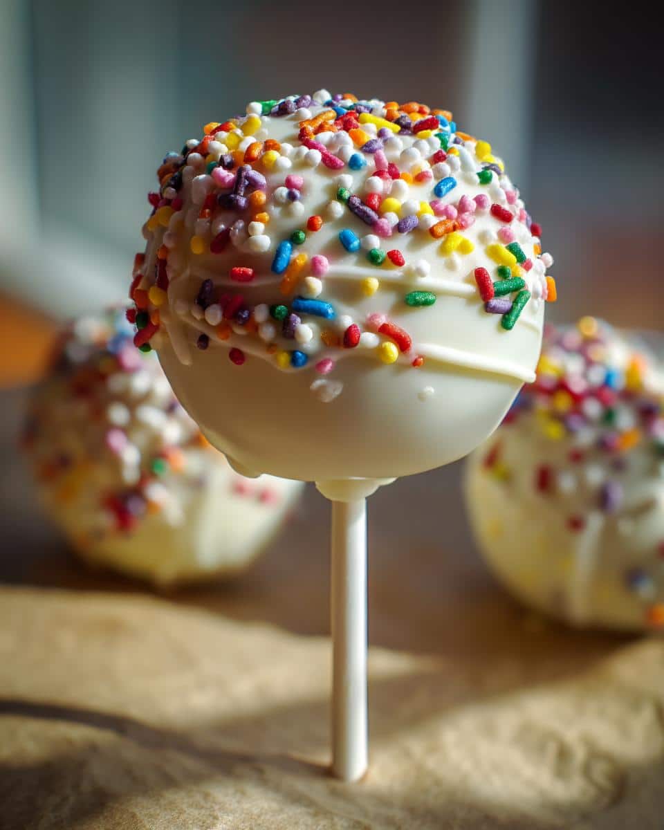 Close-up of a white chocolate-covered cake pop with colorful sprinkles, part of a Starbucks Cake Pop Recipe.