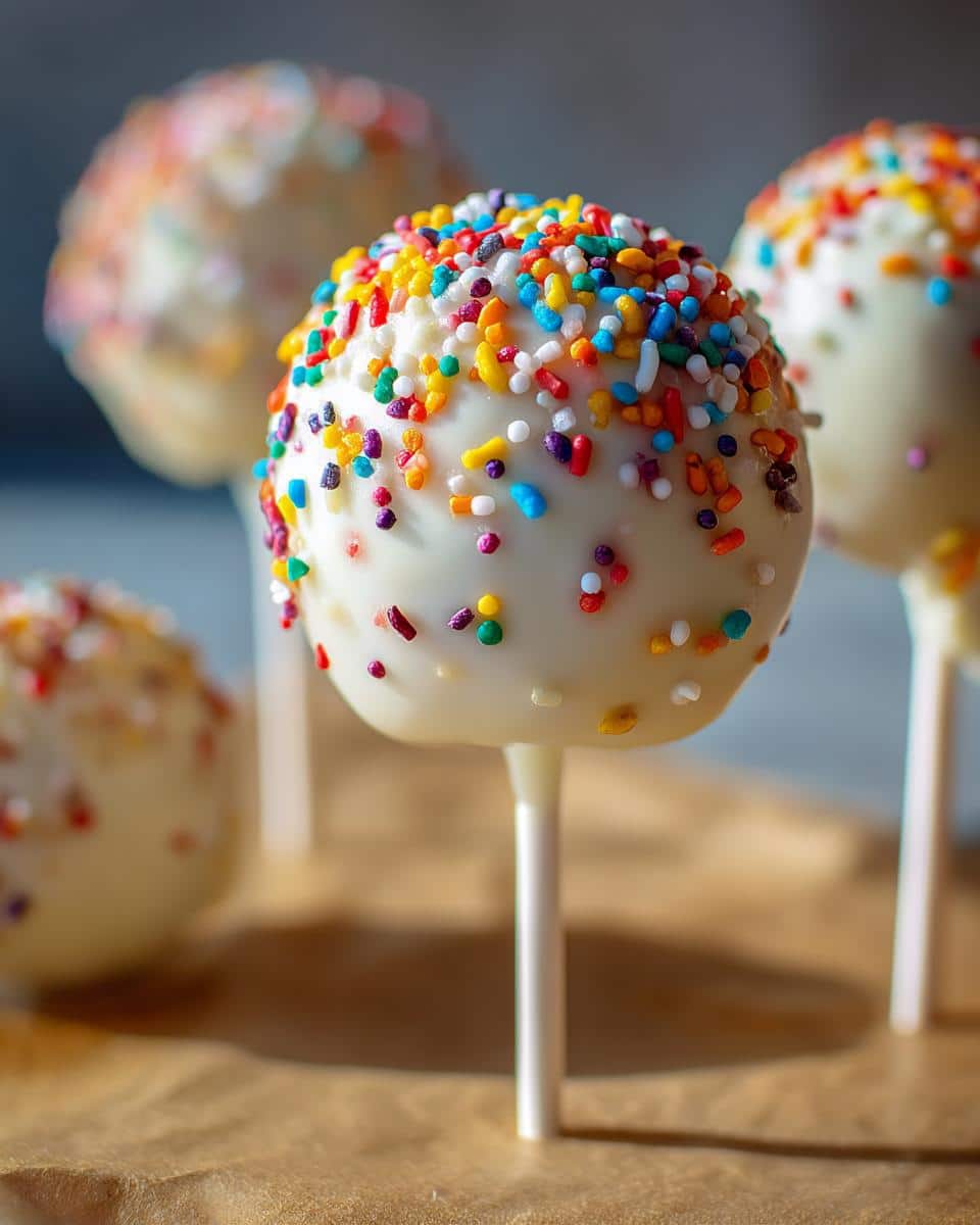 Close-up of a white chocolate-covered cake pop with colorful sprinkles, part of a Starbucks Cake Pop Recipe.