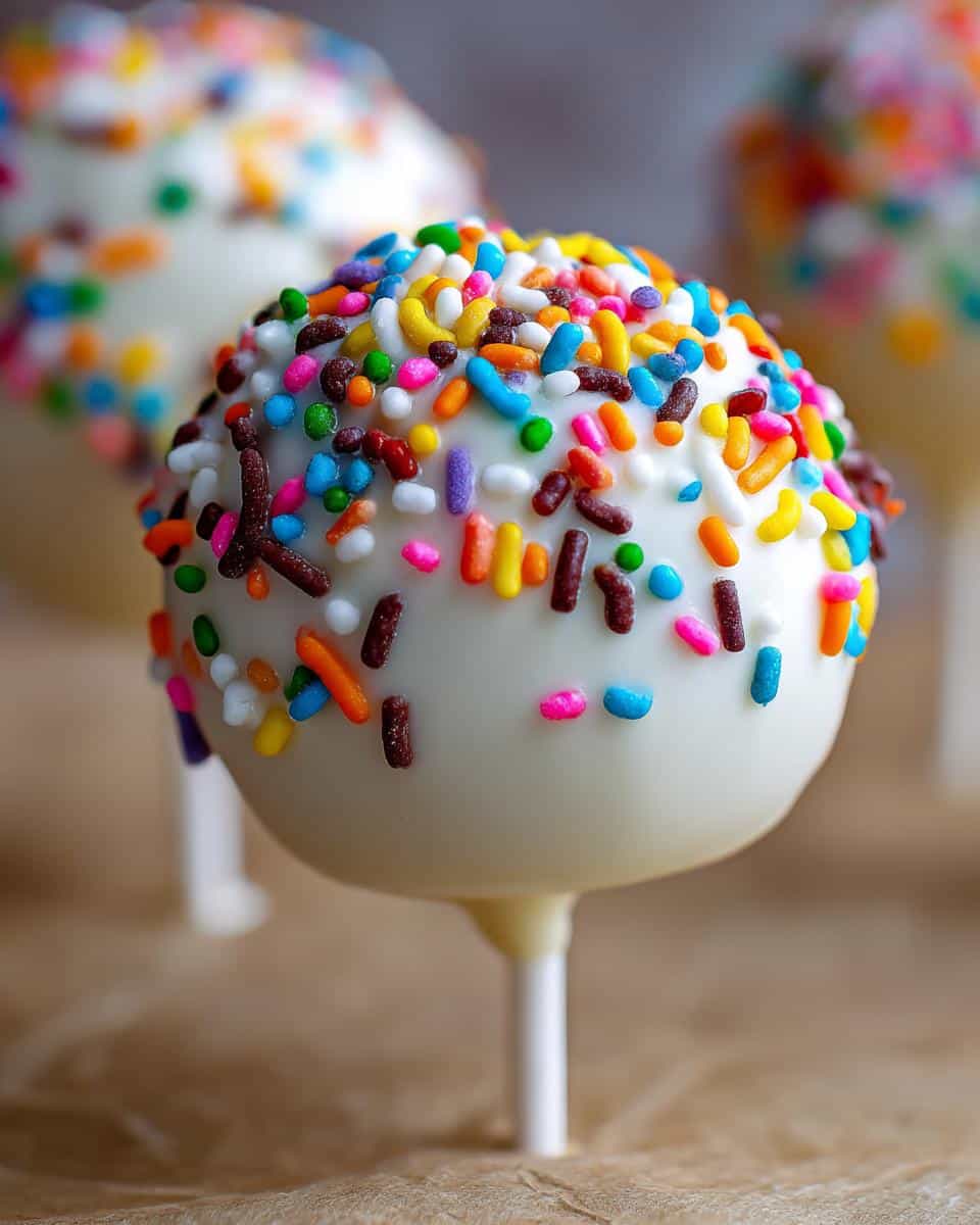 Close-up of a white chocolate-covered Starbucks Cake Pop Recipe adorned with colorful sprinkles.