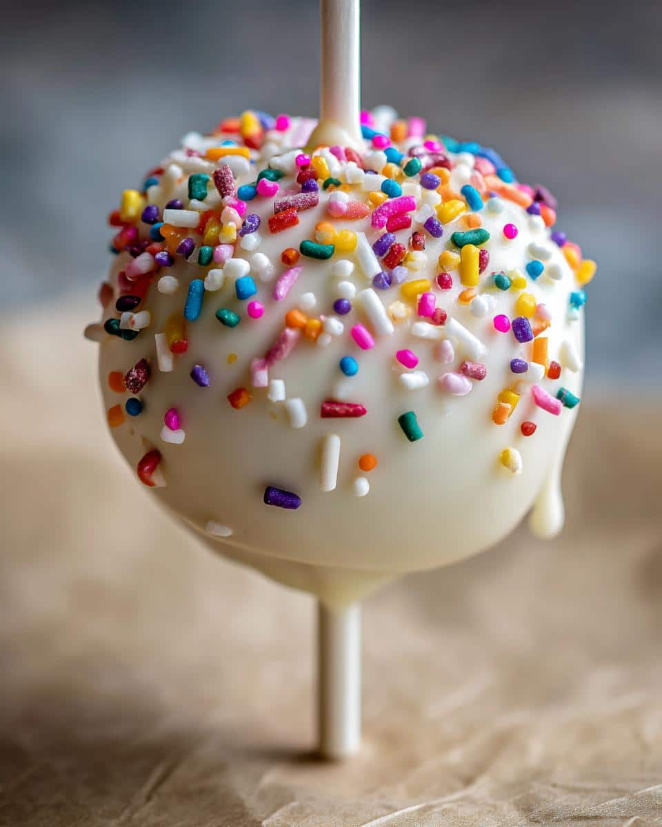 Close-up of a Starbucks cake pop recipe, coated in white chocolate and colorful sprinkles.