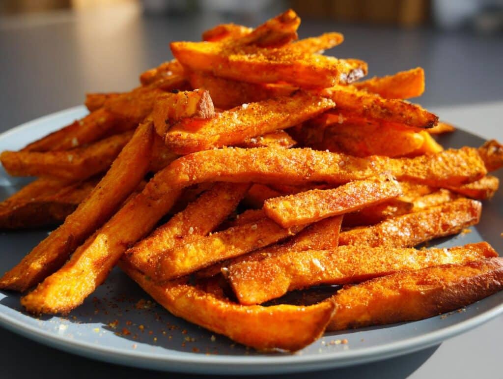 A close-up shot of a pile of crispy Sweet Potato Air Fryer Fries seasoned with spices and salt, served on a blue plate.