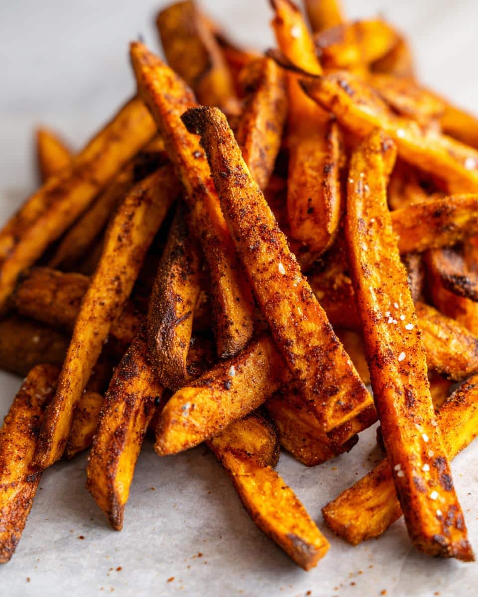 A close-up shot of a pile of seasoned Sweet Potato Air Fryer Fries, perfectly crispy and golden brown.
