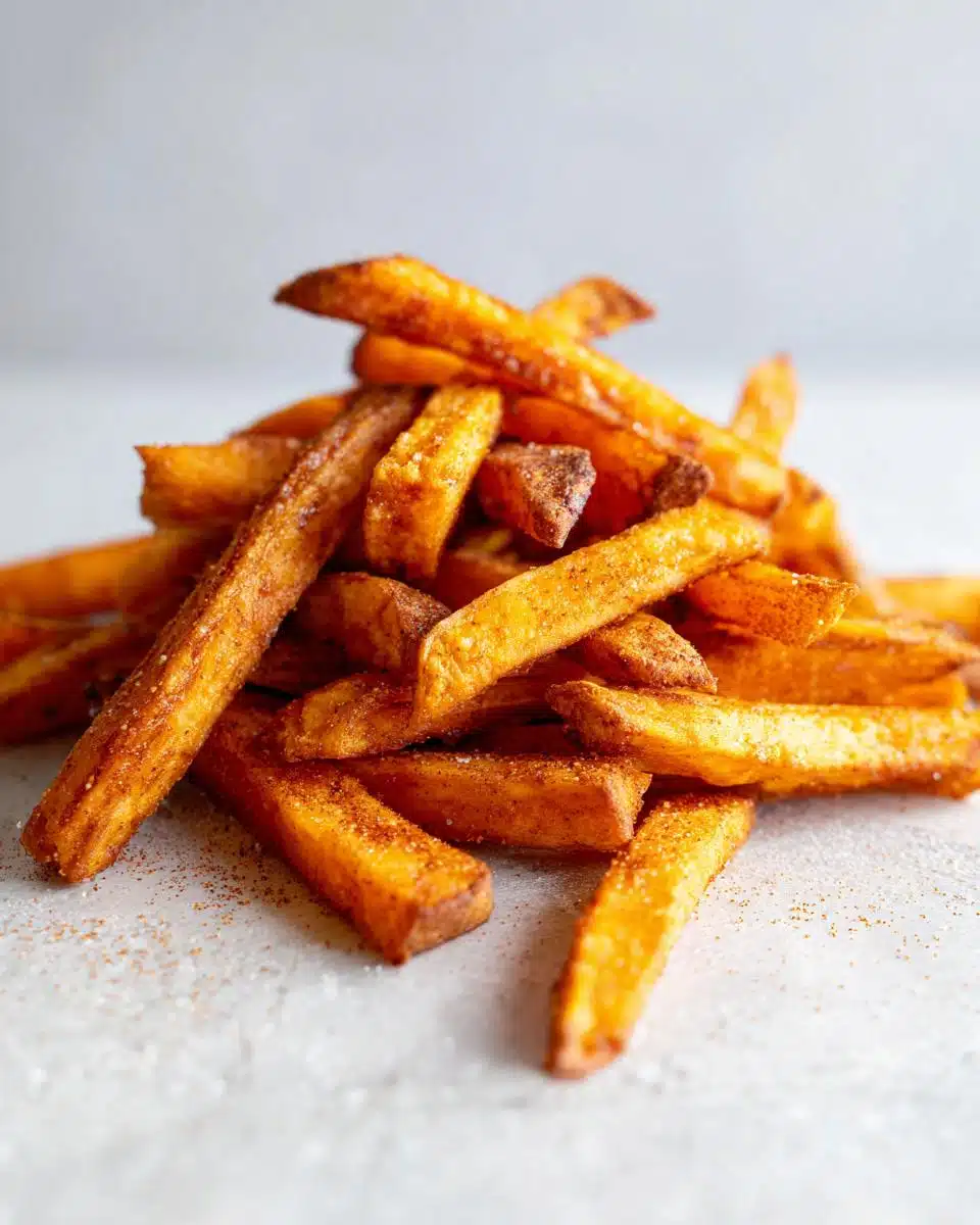 A pile of perfectly cooked Sweet Potato Air Fryer Fries, seasoned and golden brown.