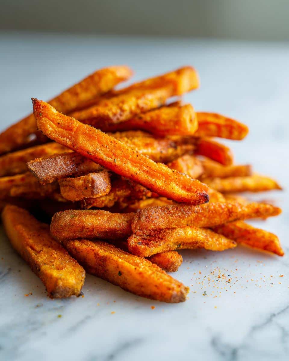 A close-up shot of a pile of seasoned Sweet Potato Air Fryer Fries on a marble surface.
