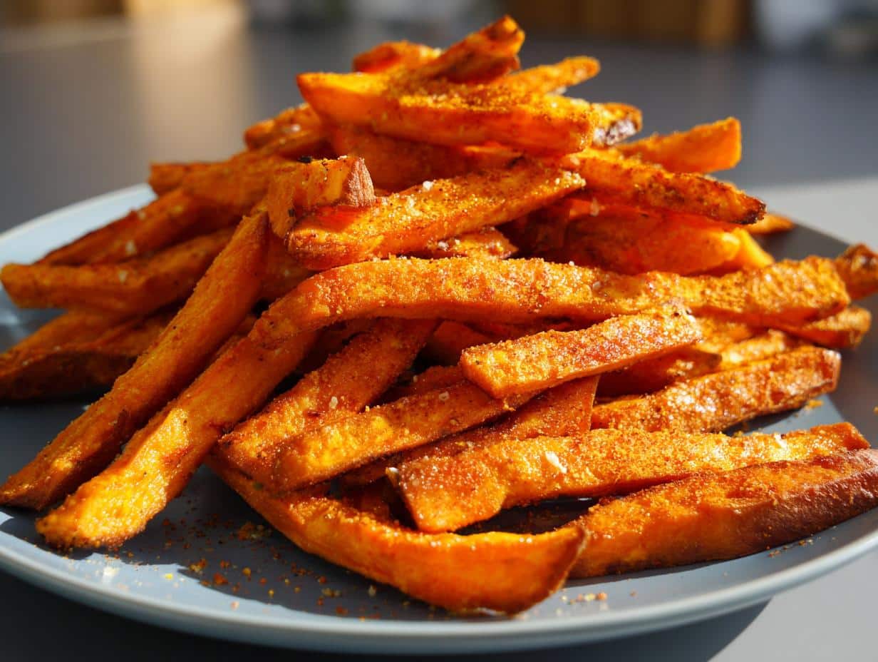 A close-up shot of a pile of crispy Sweet Potato Air Fryer Fries seasoned with spices and salt, served on a blue plate.