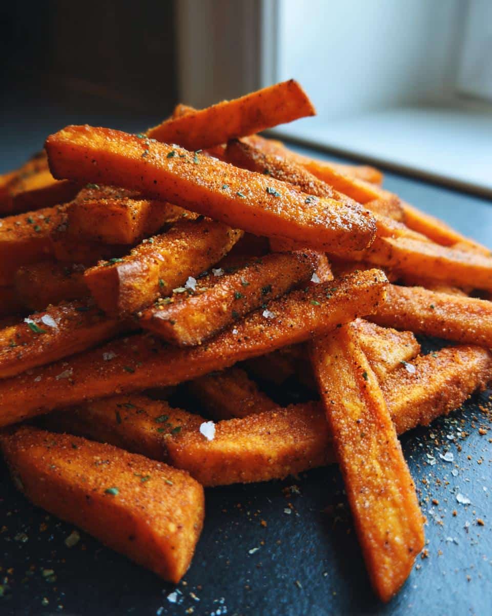 A close-up pile of seasoned sweet potato air fryer fries, sprinkled with herbs and sea salt.