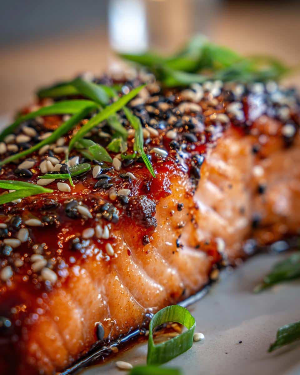 Close-up of a glistening Teriyaki Air Fryer Salmon fillet, topped with sesame seeds and green onions.