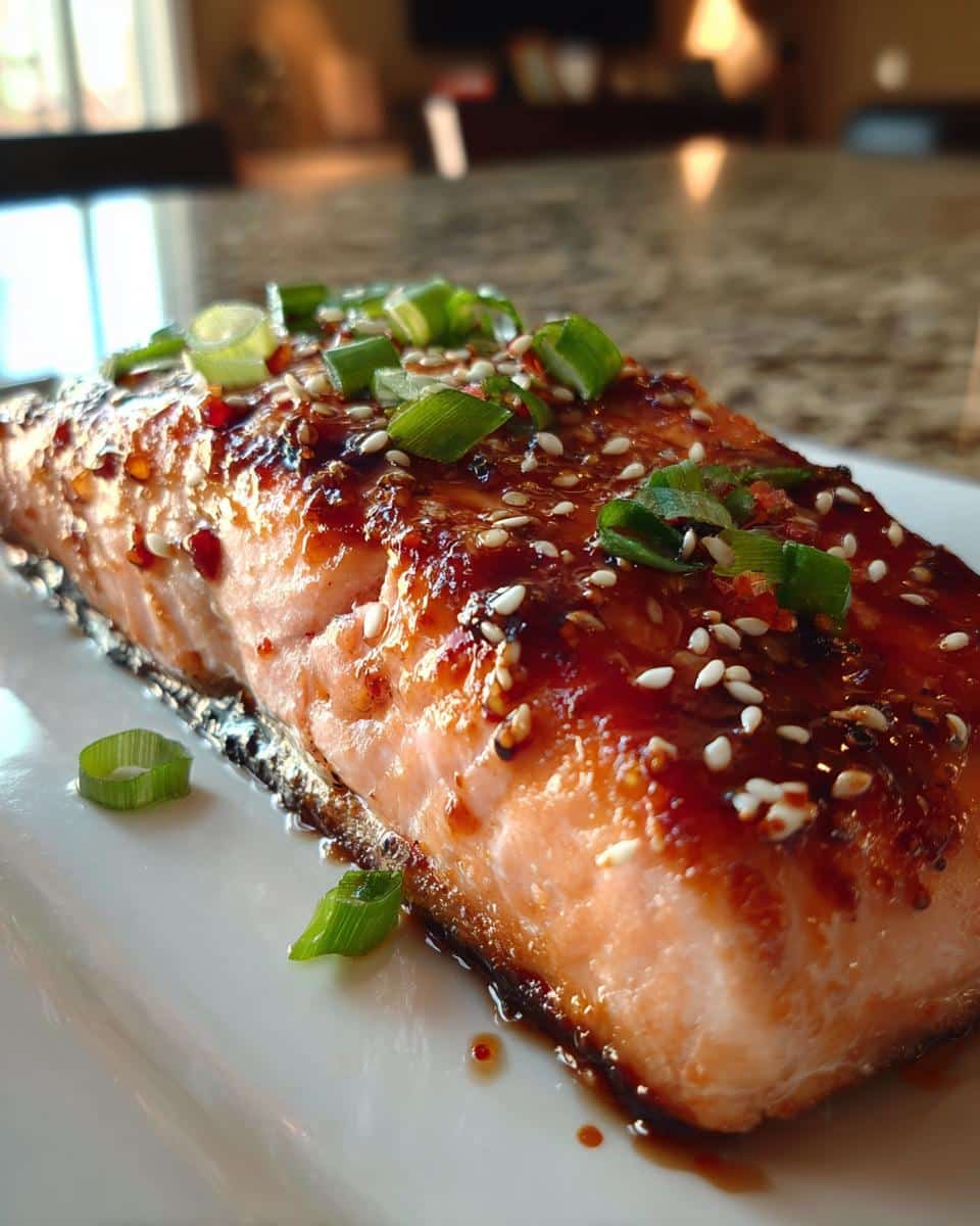 A glistening fillet of Teriyaki Air Fryer Salmon, topped with sesame seeds and chopped green onions.
