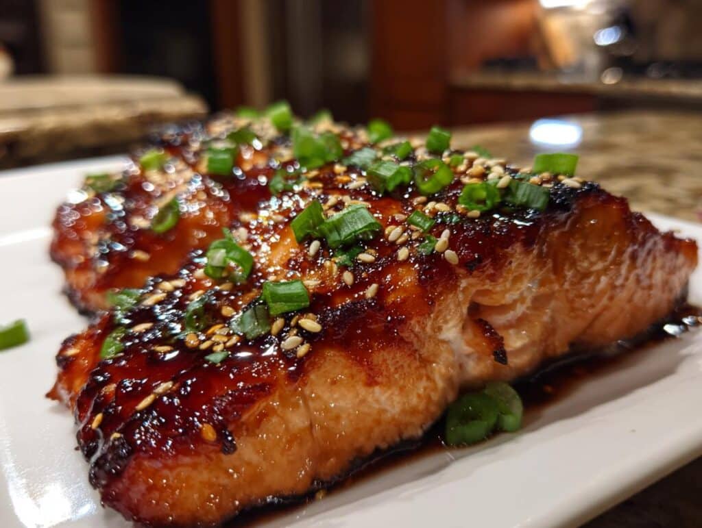Close-up of glazed Teriyaki Air Fryer Salmon fillets topped with sesame seeds and green onions.