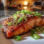 A close-up of a glistening Teriyaki Air Fryer Salmon fillet, topped with sesame seeds and green onions.