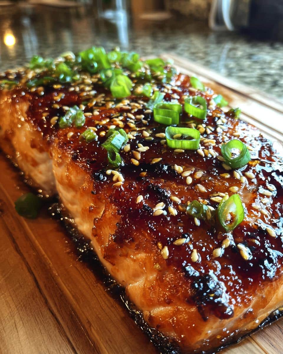 Close-up of a glistening Teriyaki Air Fryer Salmon fillet, topped with sesame seeds and chopped green onions.