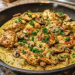 Close-up of Texas Roadhouse Butter Chicken Skillet with creamy sauce, mushrooms, and parsley.