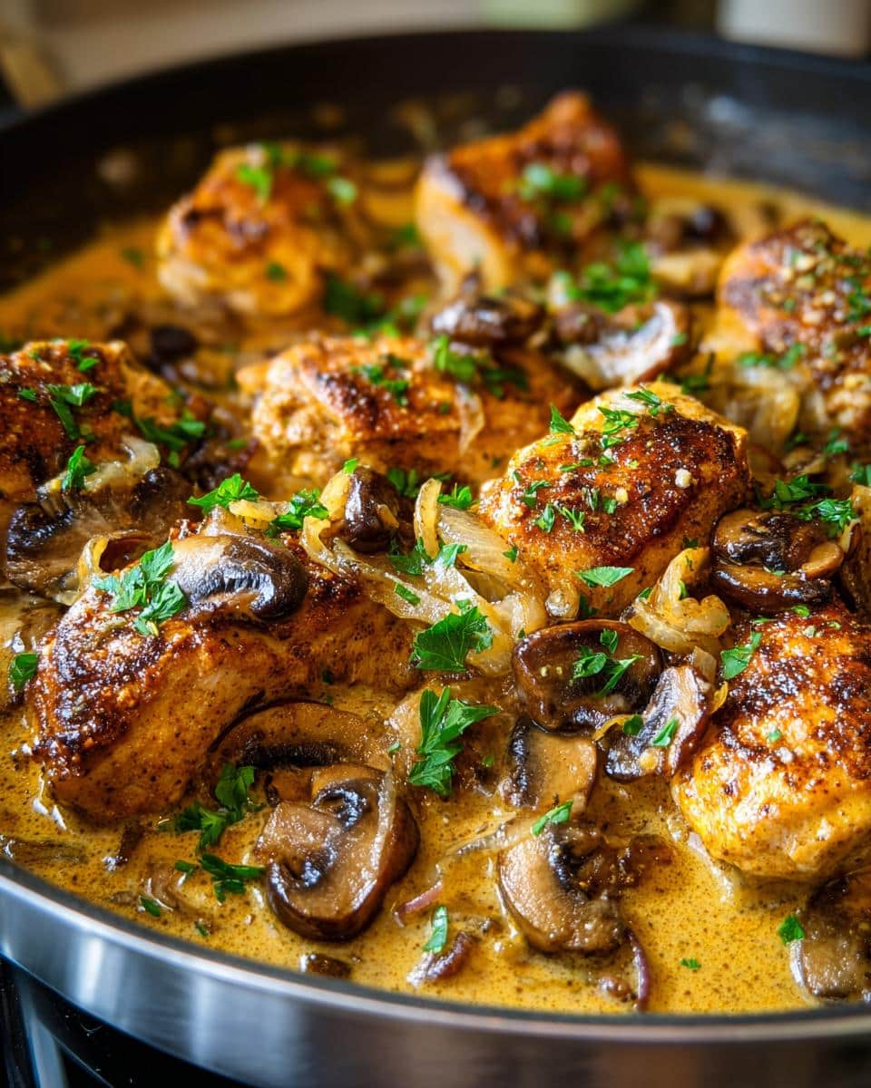 Close-up of Texas Roadhouse Butter Chicken Skillet with tender chicken pieces in a creamy sauce with mushrooms and onions, garnished with parsley.