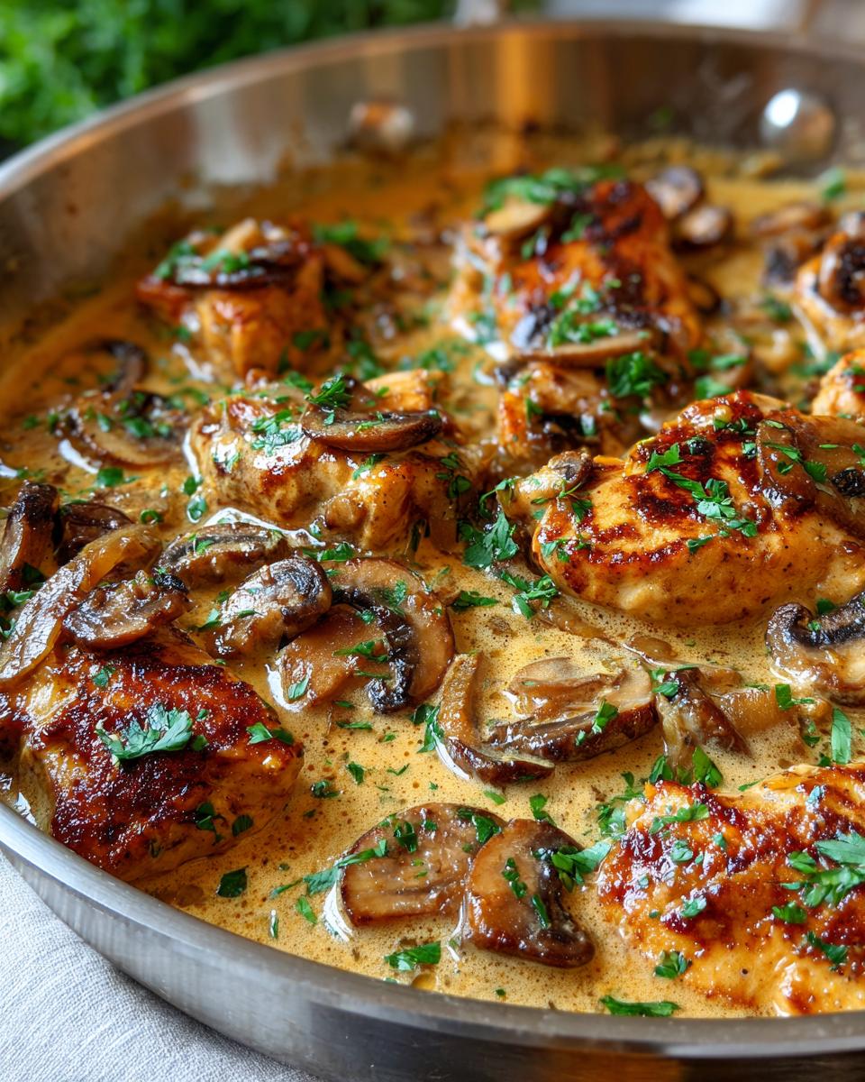 Close-up of Texas Roadhouse Butter Chicken Skillet with tender chicken pieces and sliced mushrooms in a creamy sauce, garnished with parsley.