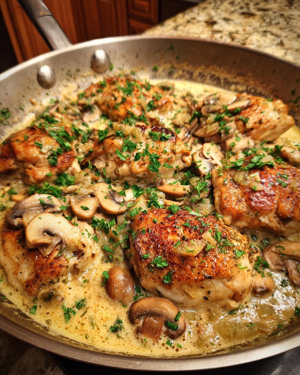 Close-up of Texas Roadhouse Butter Chicken Skillet with golden-brown chicken pieces, mushrooms, and creamy sauce, garnished with parsley.