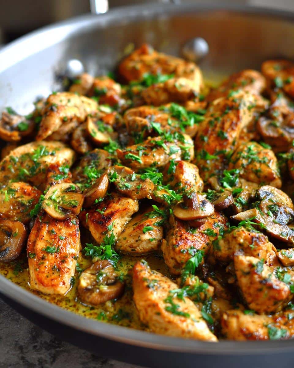 Close-up of a Texas Roadhouse Butter Chicken Skillet, featuring golden-brown chicken pieces and sautéed mushrooms, garnished with fresh parsley.