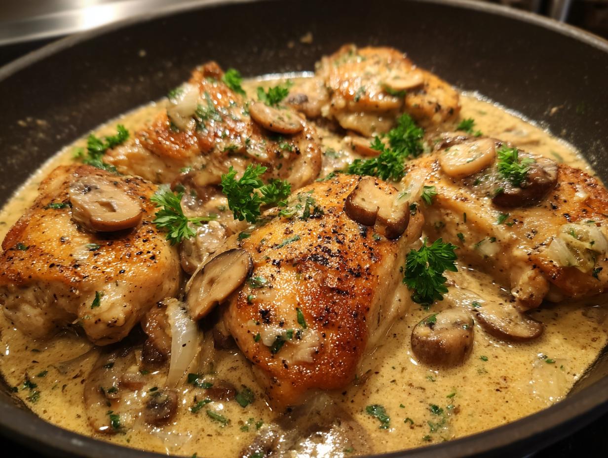 Close-up of a Texas Roadhouse Butter Chicken Skillet with golden-brown chicken pieces, mushrooms, and creamy sauce.