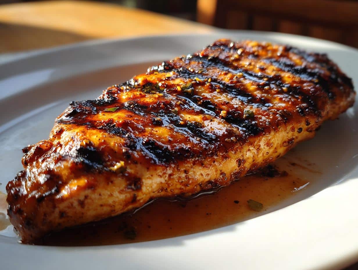 Close-up of a perfectly grilled chicken breast, coated in The Ultimate Grilled Chicken Marinade, with visible grill marks and a glossy finish.