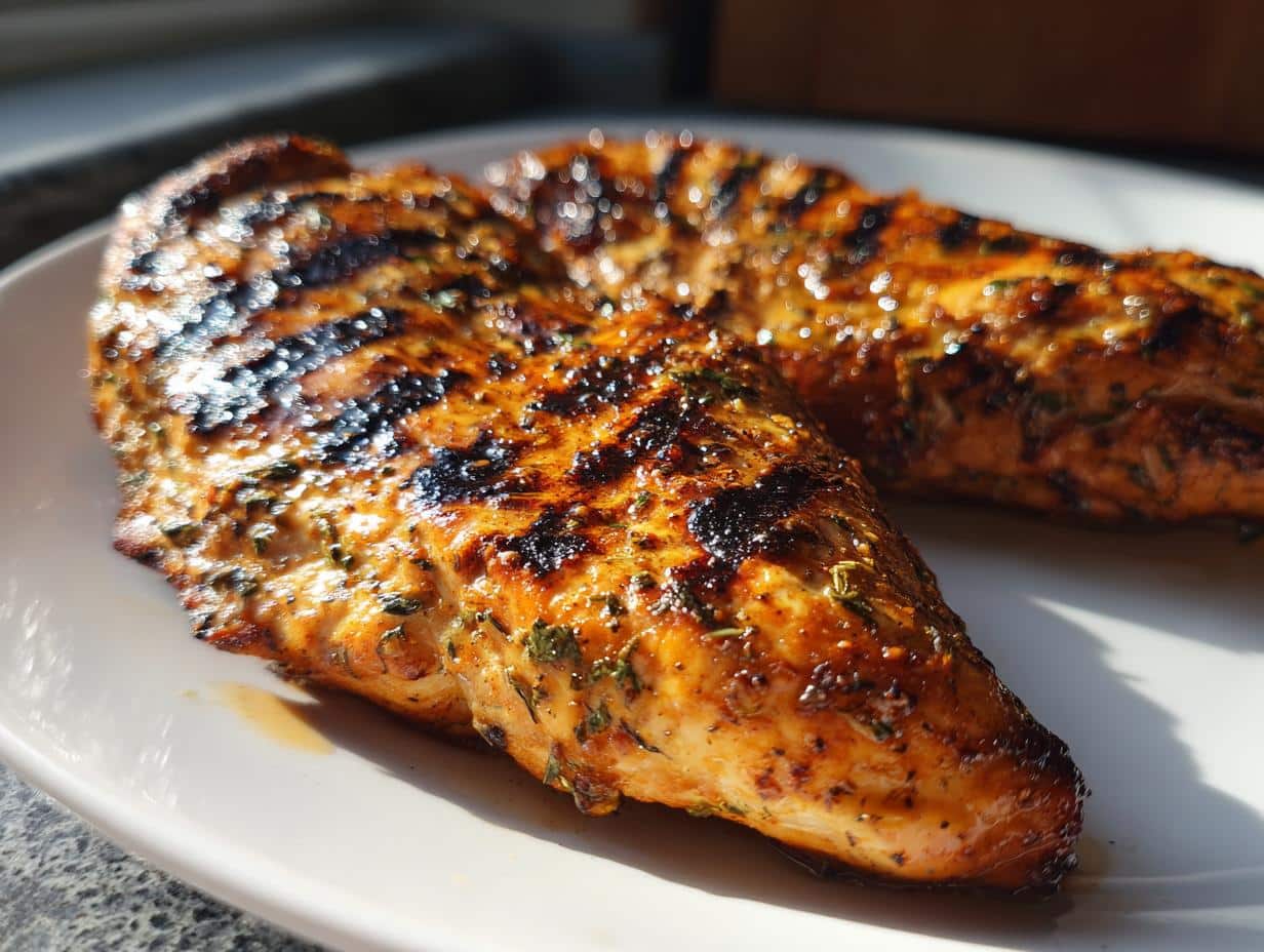 Close-up of juicy, grilled chicken breast with char marks, coated in a flavorful marinade with herbs.