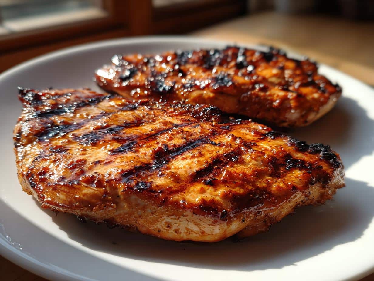Two juicy grilled chicken breasts with grill marks, coated in The Ultimate Grilled Chicken Marinade, served on a white plate.