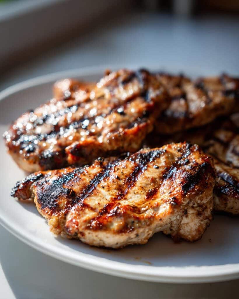 Close-up of perfectly grilled chicken breasts with dark grill marks, showcasing The Ultimate Grilled Chicken Marinade.