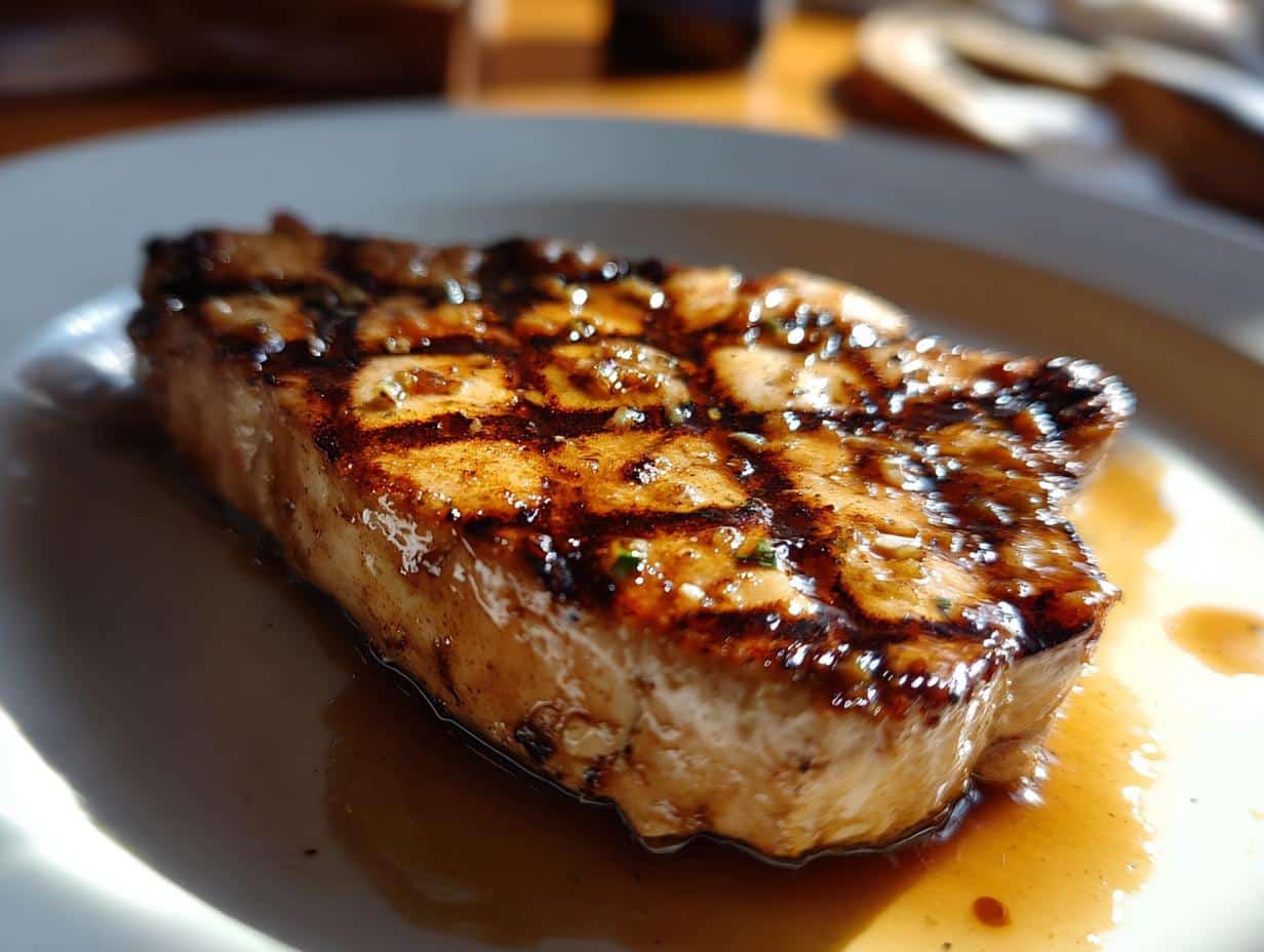 Close-up of a thick, juicy grilled chicken steak with prominent grill marks, coated in a glistening marinade.