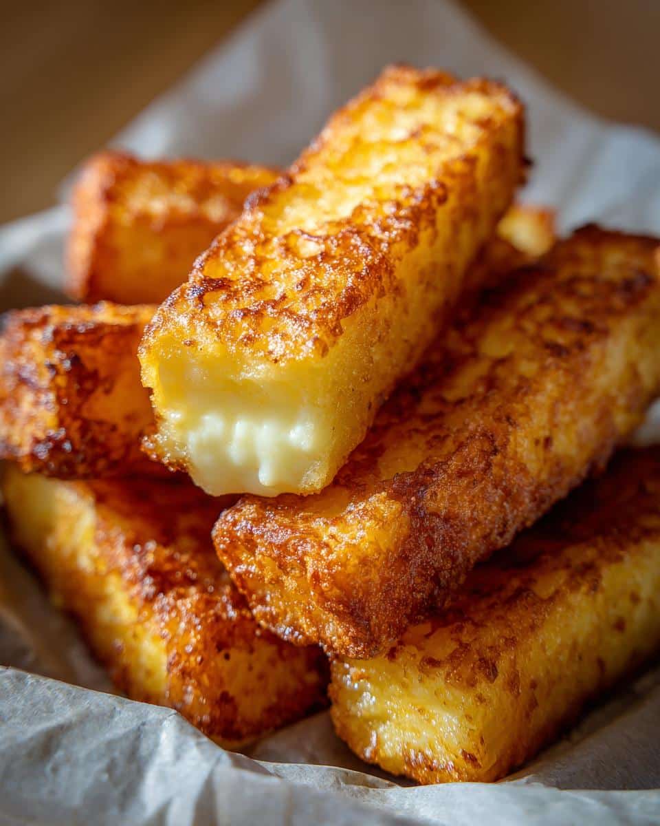 Close-up of golden-brown fried Vegan Mozzarella Sticks with a gooey, melted interior.
