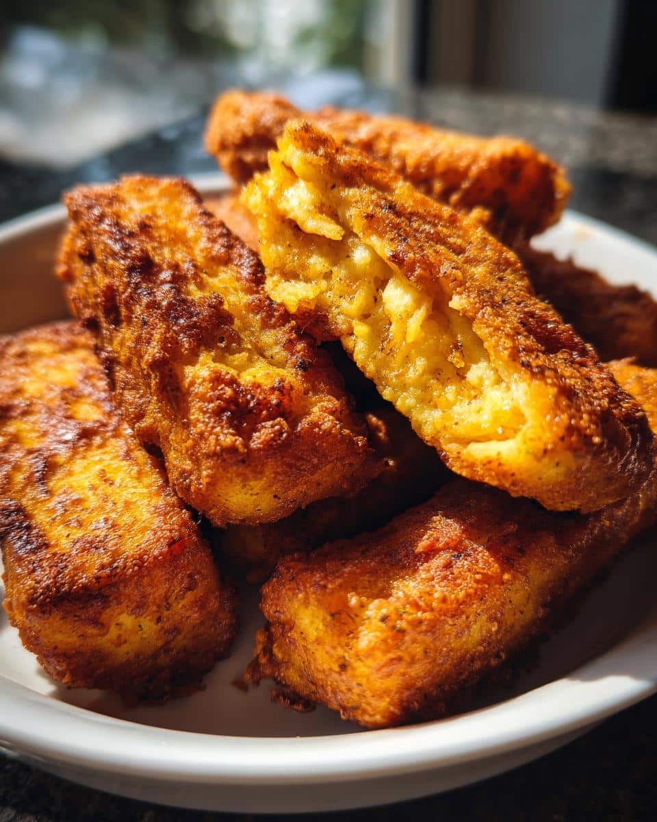 Close-up of crispy, golden-brown vegan mozzarella sticks in a white bowl, one broken open.