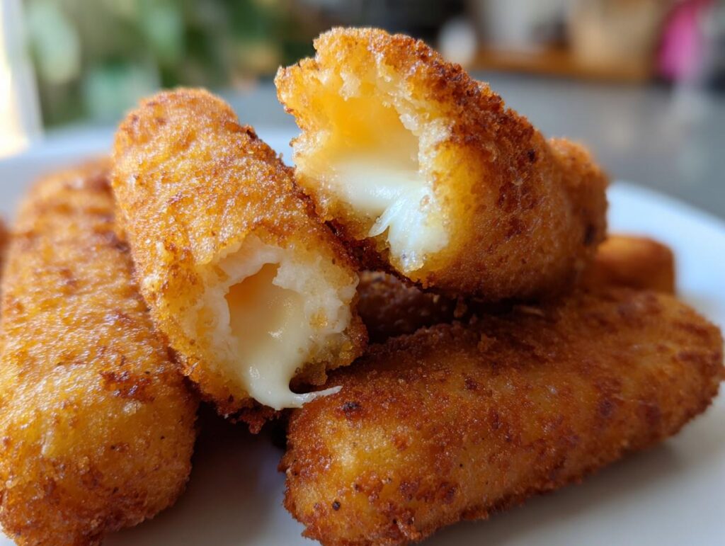 Close-up of golden-brown, crispy Vegan Mozzarella Sticks with a gooey, melted vegan cheese center.