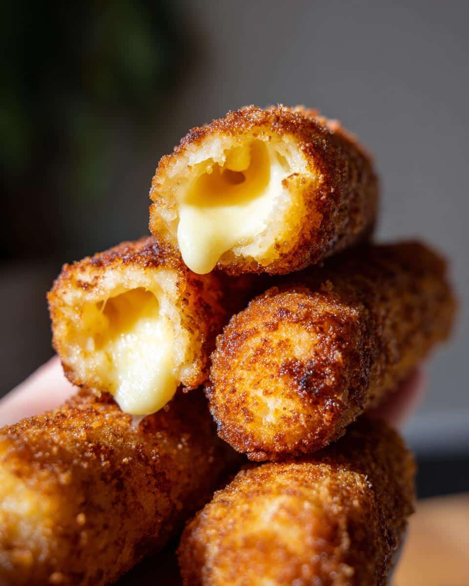 Close-up of a stack of crispy, golden-brown Vegan Mozzarella Sticks, with one broken open to reveal a gooey, melted vegan cheese filling.