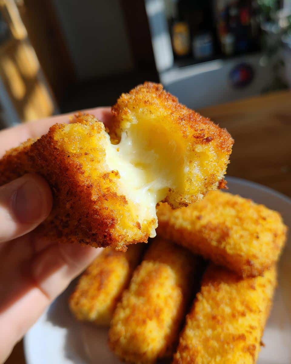 A hand holding a broken Vegan Mozzarella Stick, revealing the melted, gooey interior.