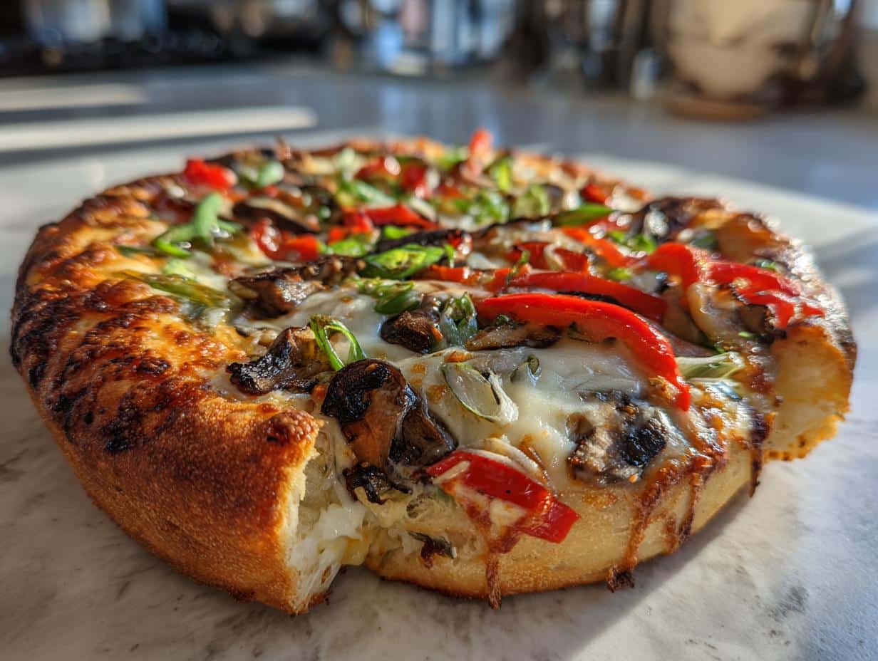 A close-up shot of a perfectly cooked Veggie Air Fryer Pizza with melted cheese and colorful vegetables.