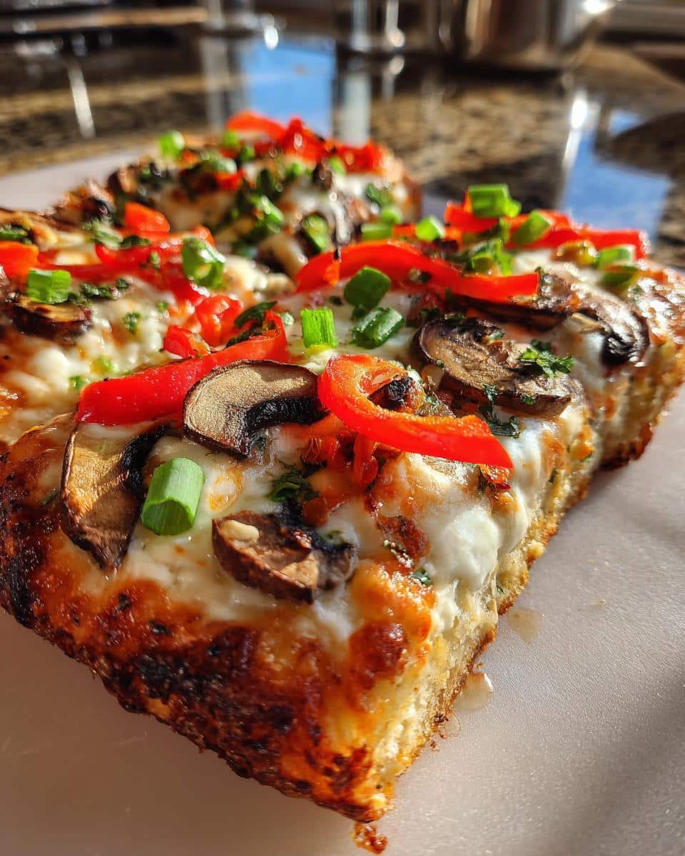 Close-up of a slice of Veggie Air Fryer Pizza topped with melted cheese, mushrooms, red peppers, and green onions.