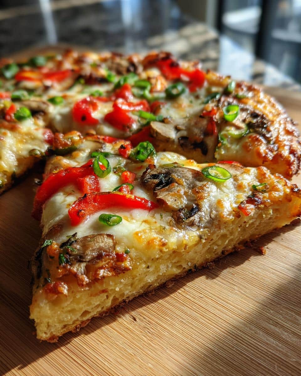 A close-up of a delicious slice of Veggie Air Fryer Pizza, topped with melted cheese, red peppers, mushrooms, and green onions.