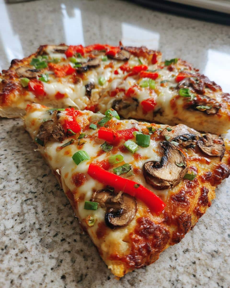 A close-up of a delicious Veggie Air Fryer Pizza slice, topped with melted cheese, mushrooms, red peppers, and green onions.