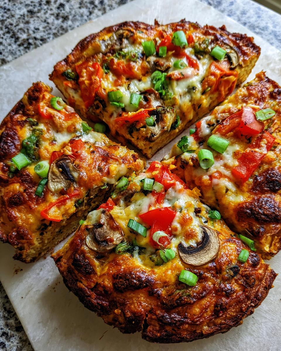 Close-up of four slices of Veggie Air Fryer Pizza, topped with melted cheese, mushrooms, peppers, and green onions.