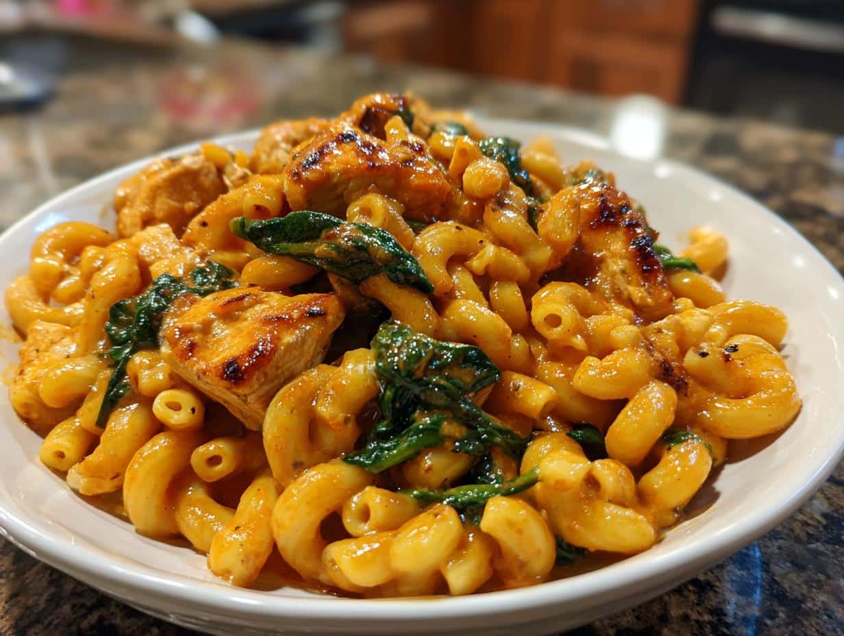 A close-up of a hearty 30 minute chicken pasta dinner with creamy sauce and wilted spinach.