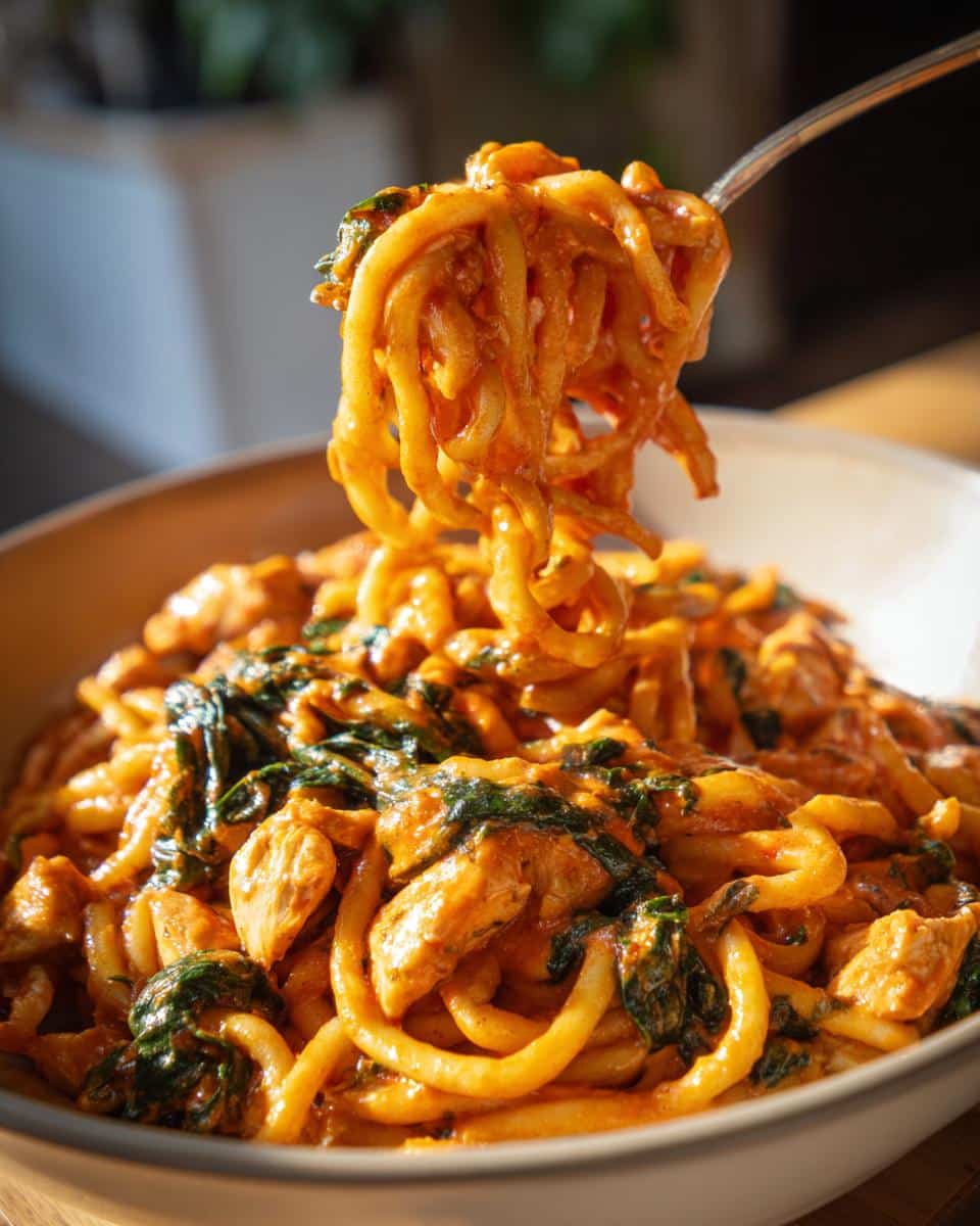 A fork twirls a portion of creamy 30 minute chicken pasta dinner with spinach.