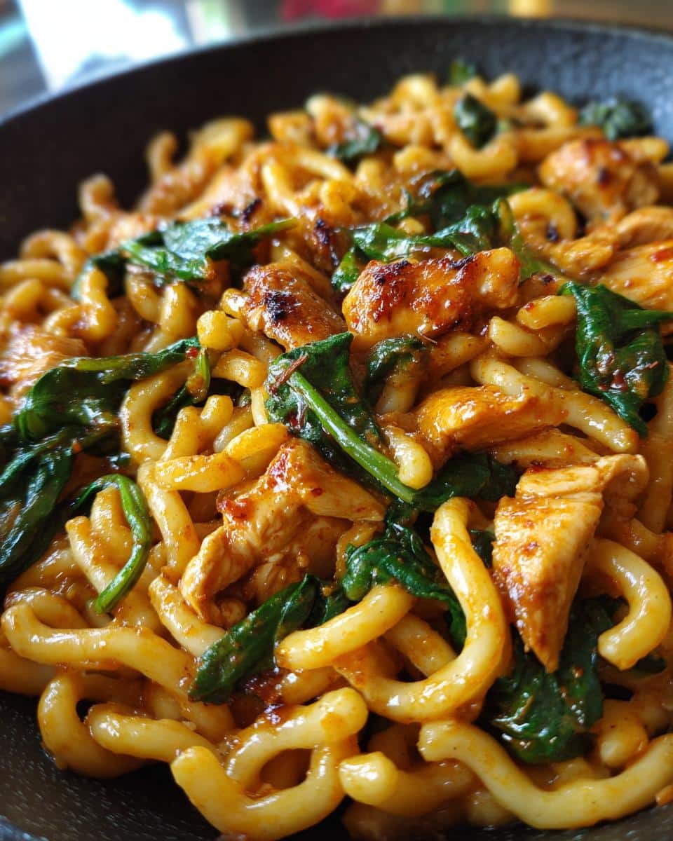 Close-up of a 30 minute chicken pasta dinner with tender chicken pieces, wilted spinach, and thick pasta coated in a savory sauce.
