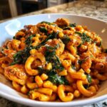 A close-up of a bowl filled with a 30 minute chicken pasta dinner, featuring cavatappi pasta, chicken pieces, and wilted spinach in a creamy sauce.