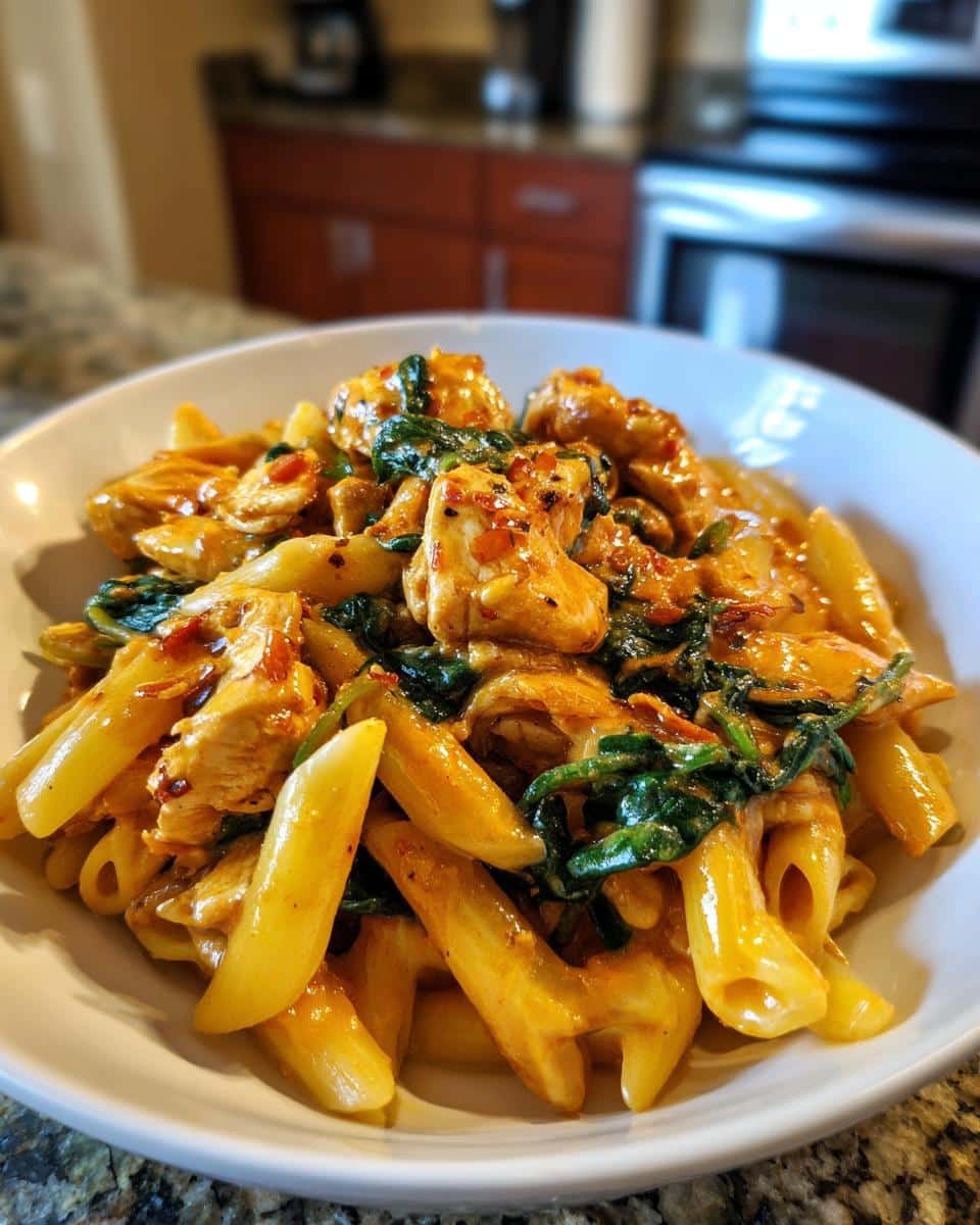 A close-up of a bowl of 30 minute chicken pasta dinner, featuring penne pasta, chicken pieces, and spinach in a creamy sauce.